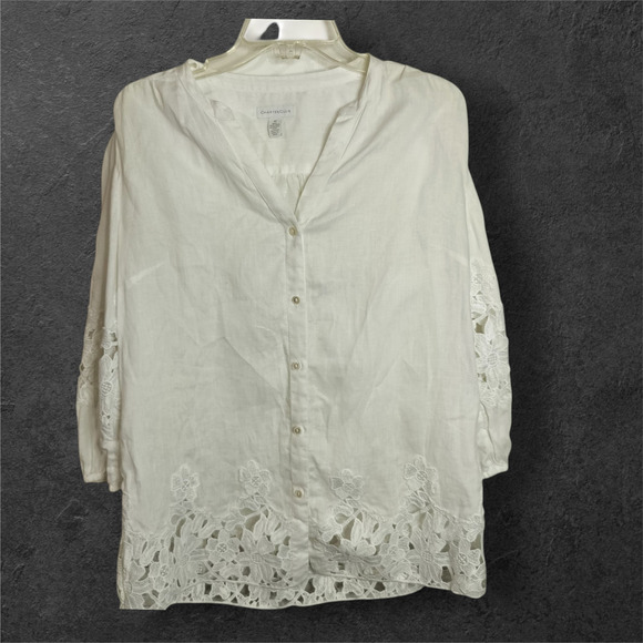 4172)Charter Club White Linen Crochet 3/4 Sleeve Split Neck Buttn Up Tunic Top M - Picture 1 of 6